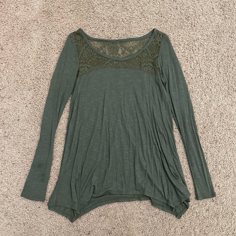 Hollister Babydoll Olive Green Long Sleeve Lace Top